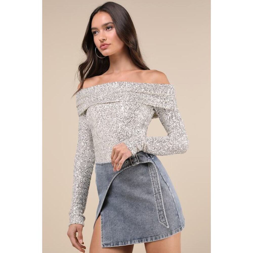 Lulus Marvelous Dazzle Champagne Sequin Off-the-shoulder Top Gold - Size M